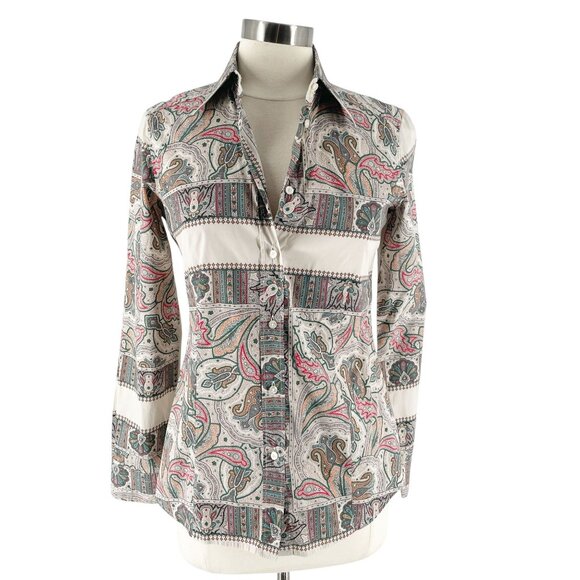 Etro Paisley Print Button Up Women's Blouse Italian Stretch Cotton Size 8/M - Picture 1 of 12